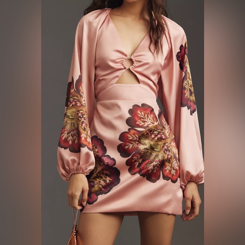 NWT Significant Other Long-Sleeve V-Neck Cutout Printed Mini Dress